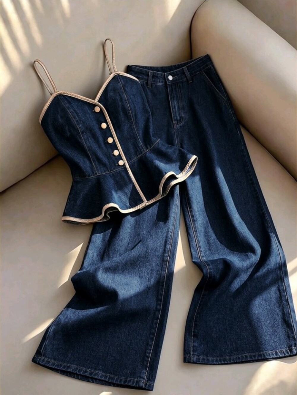 Women's Piped Single-Breasted Ruffle Hem Camisole Top And Wide Leg Jeans